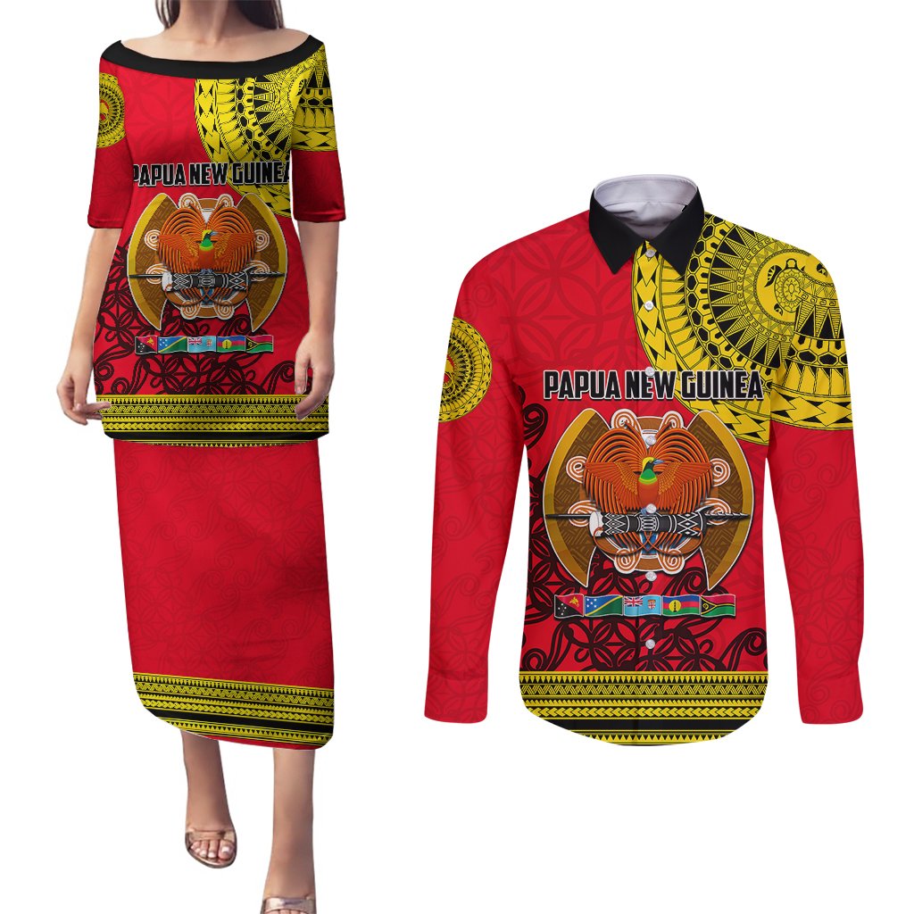 Papua New Guinea Couples Matching Puletasi Dress and Long Sleeve Button Shirts Melanesian Festival 2023 LT6 Red - Polynesian Pride
