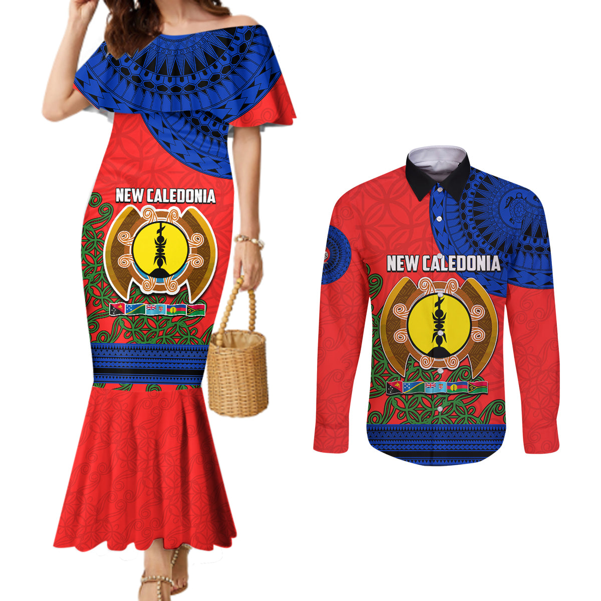 New Caledonia Couples Matching Mermaid Dress and Long Sleeve Button Shirts Melanesian Festival 2023 LT6 Red - Polynesian Pride