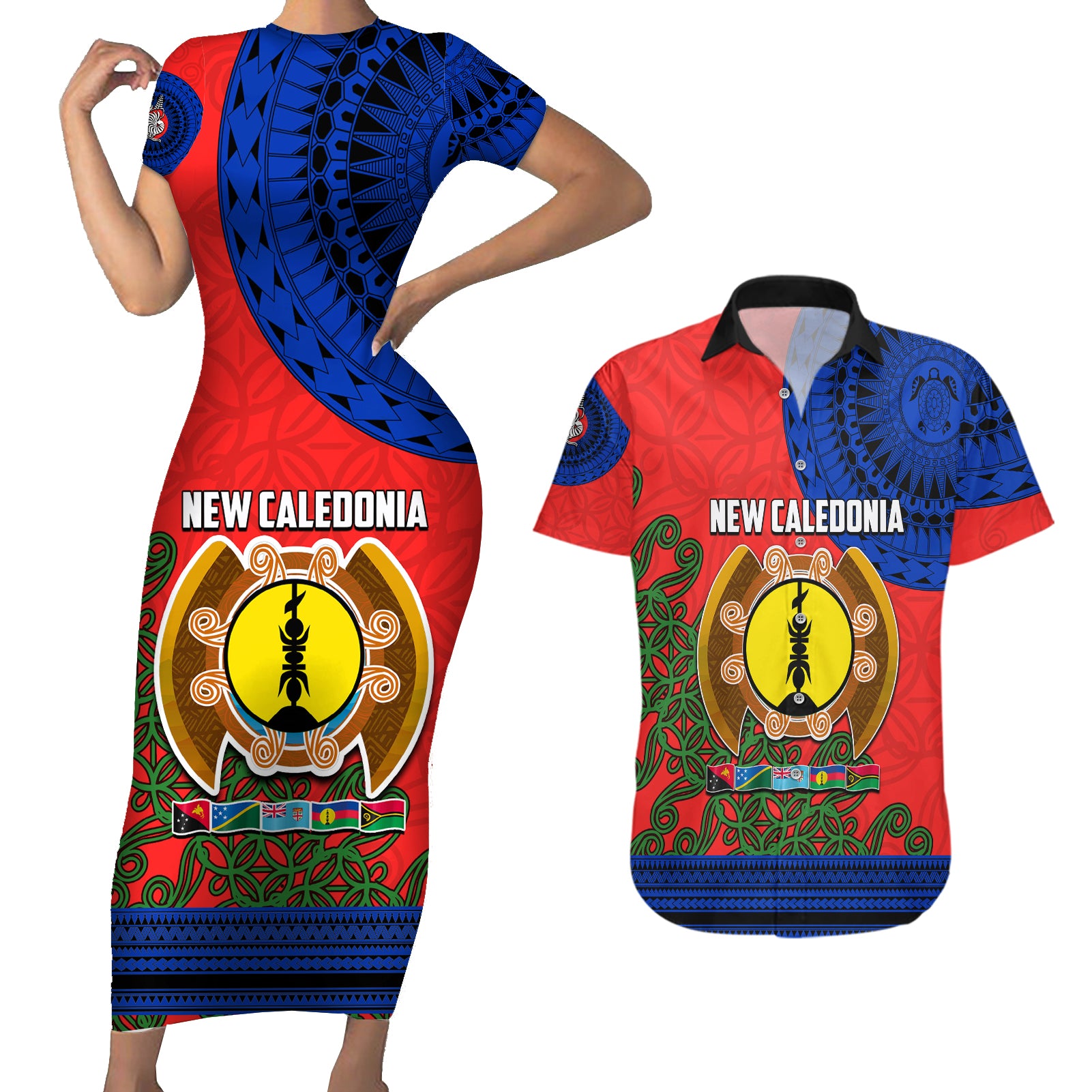 New Caledonia Couples Matching Short Sleeve Bodycon Dress and Hawaiian Shirt Melanesian Festival 2023 LT6 Red - Polynesian Pride