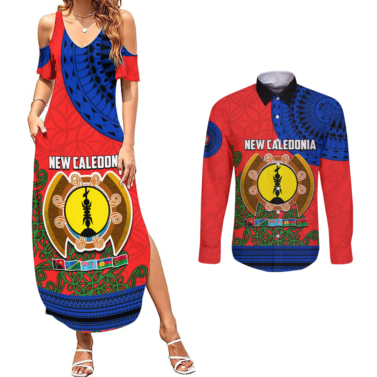 New Caledonia Couples Matching Summer Maxi Dress and Long Sleeve Button Shirts Melanesian Festival 2023 LT6 Red - Polynesian Pride