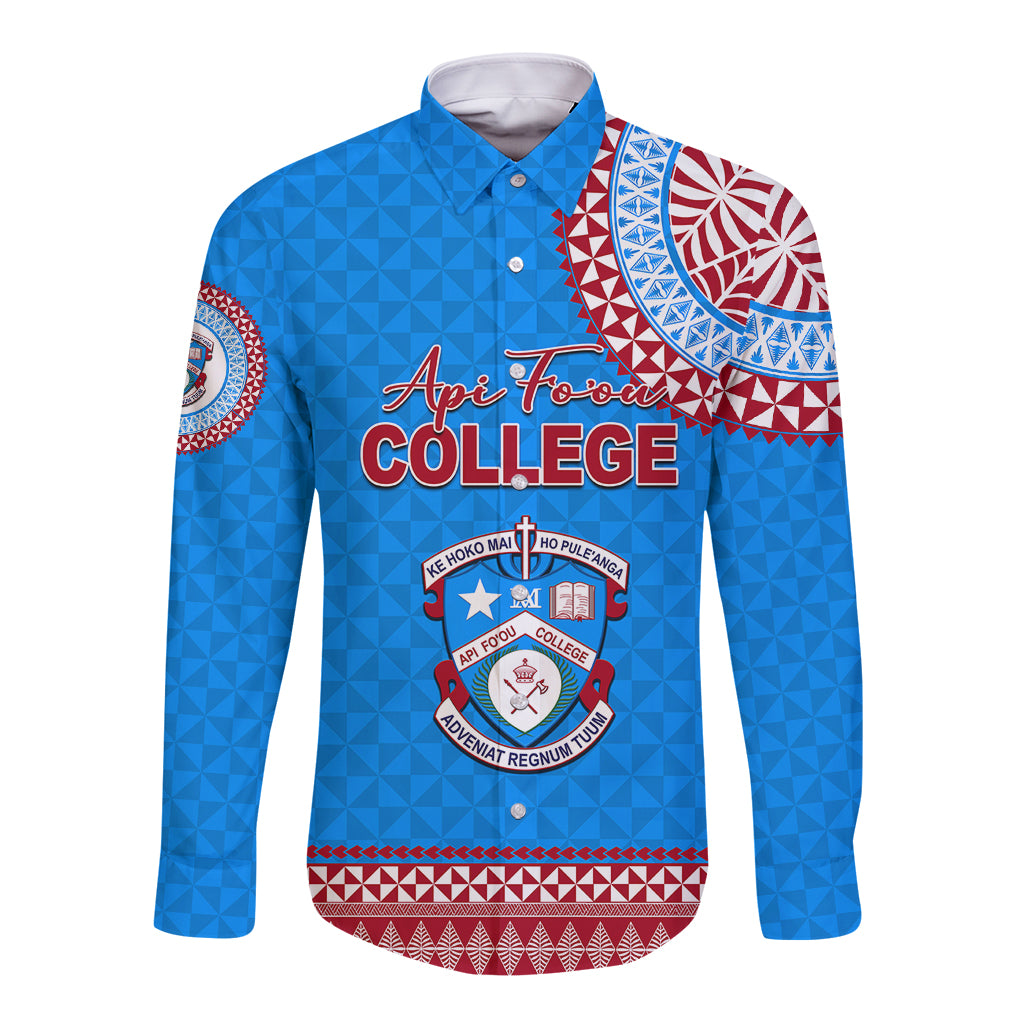 Tonga School Api Fo'ou College Long Sleeve Button Shirt Tribal Pattern LT6 Unisex Blue - Polynesian Pride