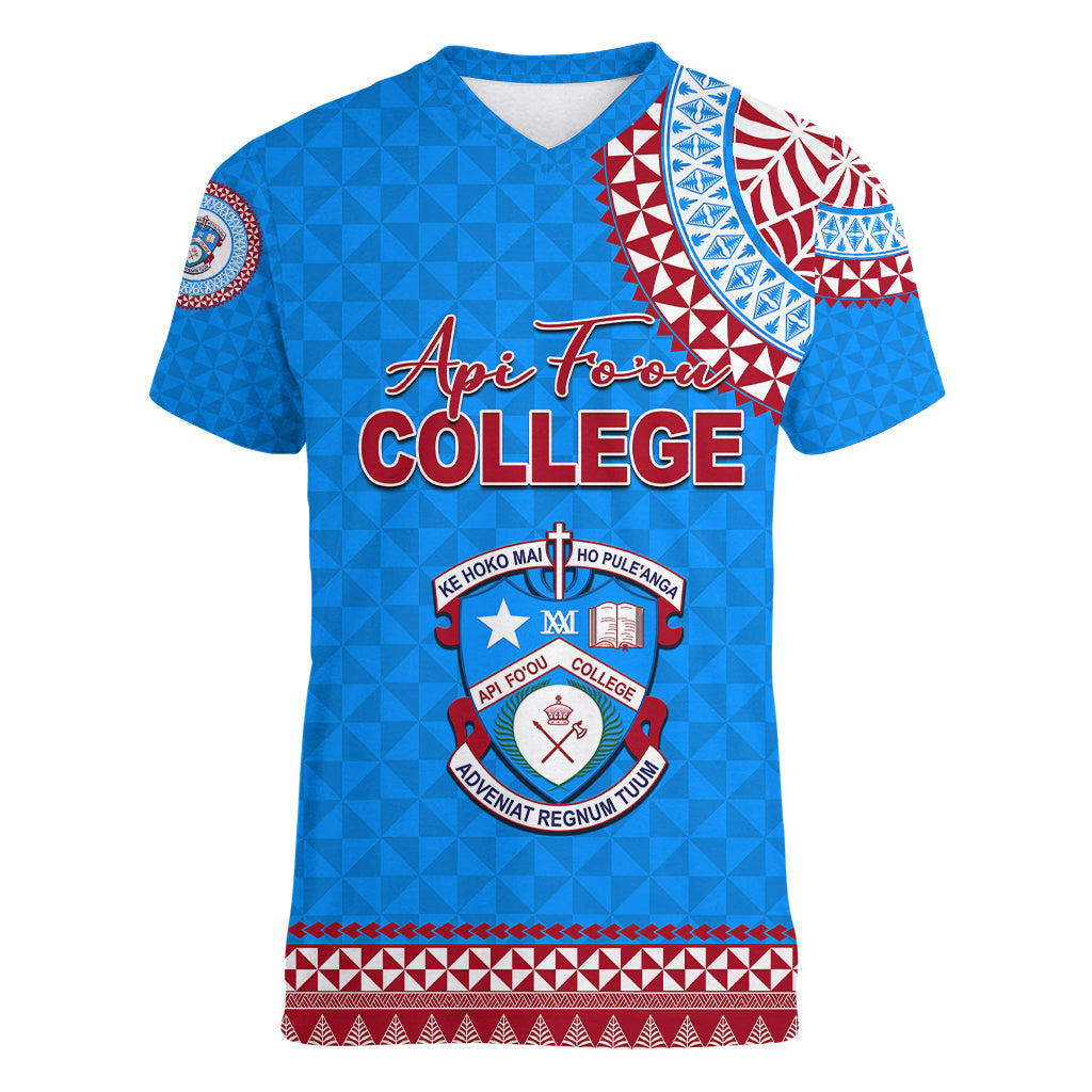 Tonga School Api Fo'ou College Women V Neck T Shirt Tribal Pattern LT6 Female Blue - Polynesian Pride