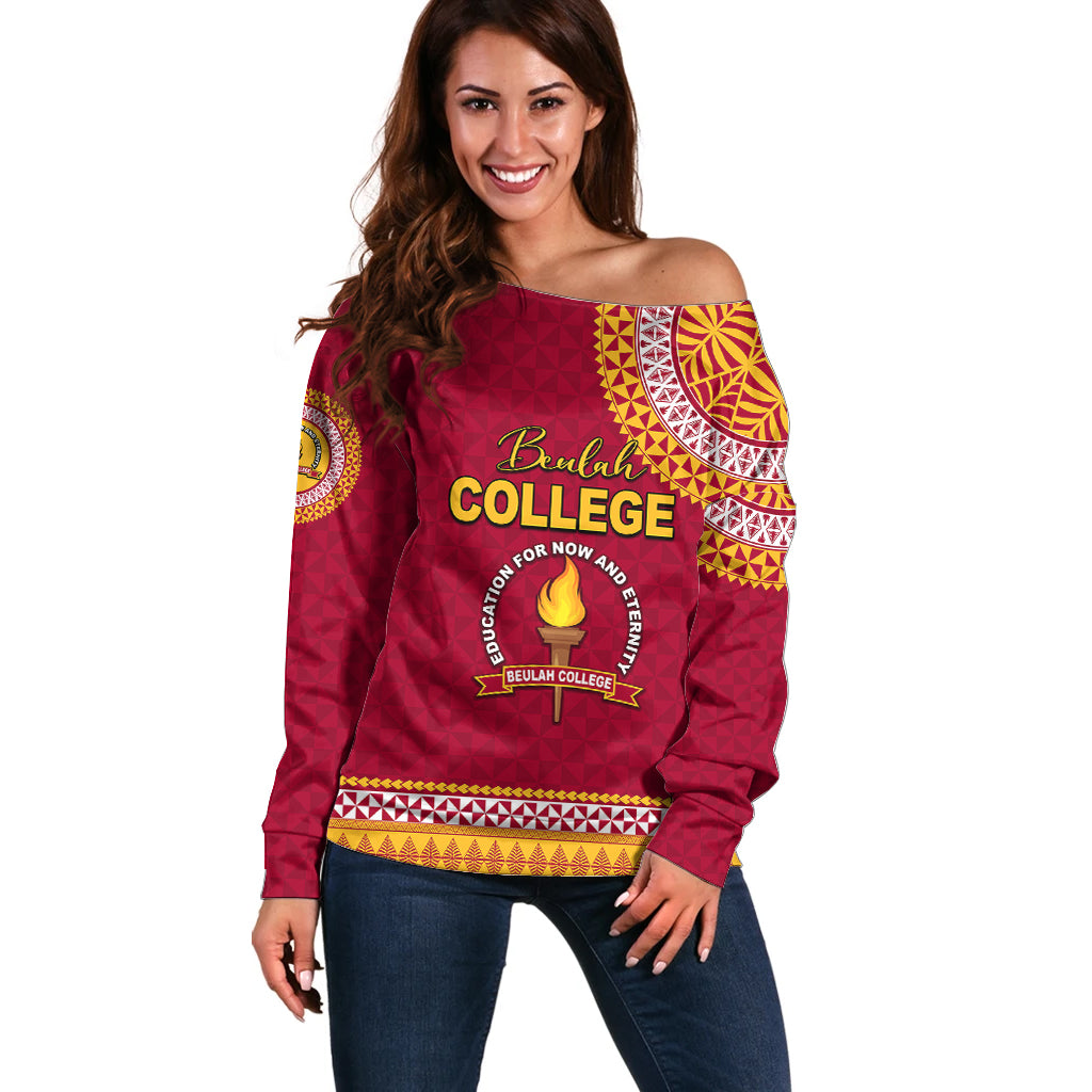 Tonga School Beulah College Off Shoulder Sweater Tribal Pattern LT6 Women Maroon - Polynesian Pride