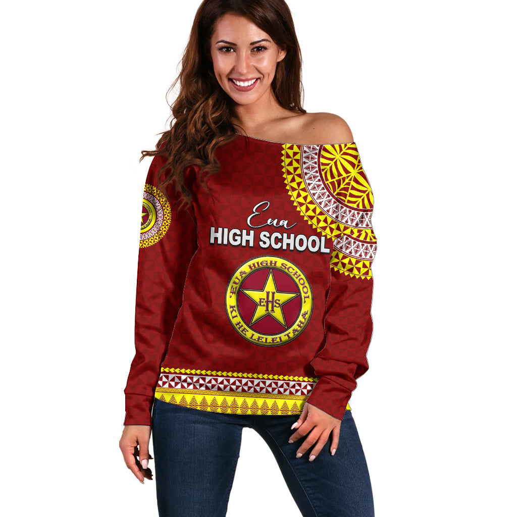 Tonga School Eua High School Off Shoulder Sweater Tribal Pattern LT6 Women Maroon - Polynesian Pride