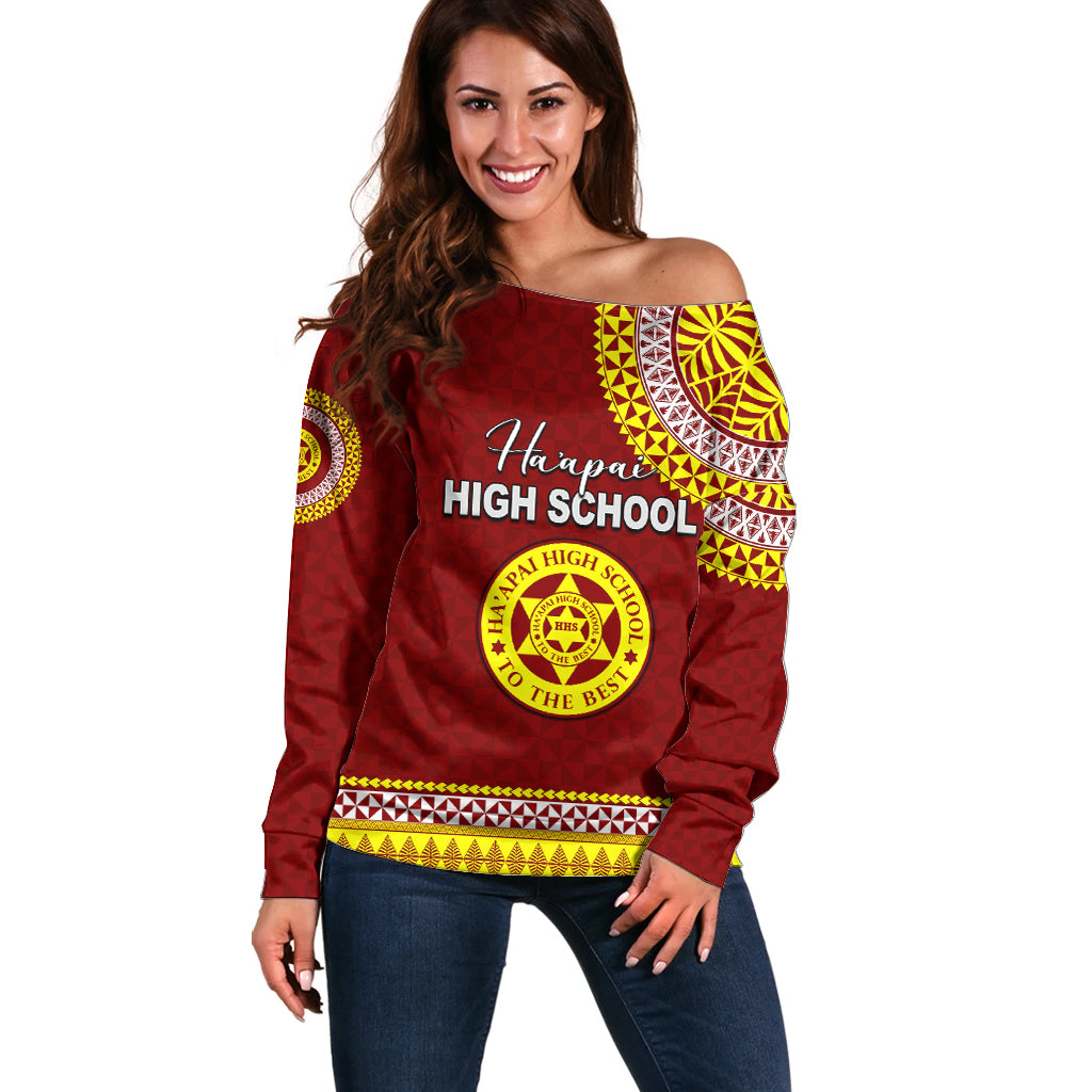 Tonga School Ha'apai High School Off Shoulder Sweater Tribal Pattern LT6 Women Maroon - Polynesian Pride