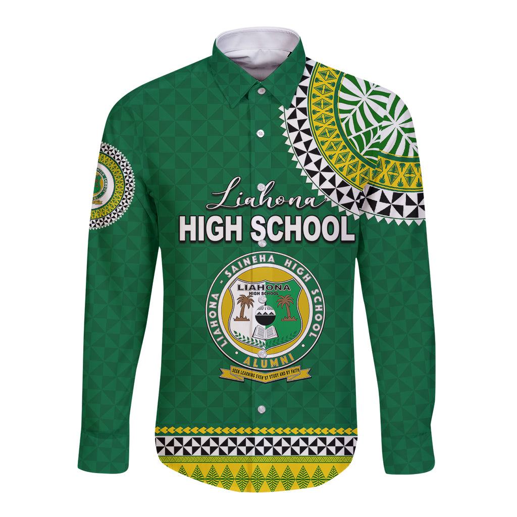 Tonga School Liahona High School Long Sleeve Button Shirt Tribal Pattern LT6 Unisex Green - Polynesian Pride