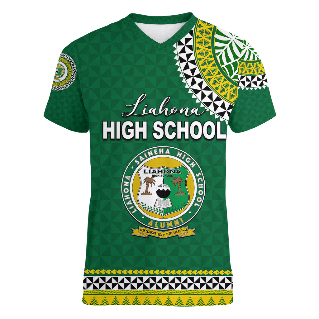 Tonga School Liahona High School Women V Neck T Shirt Tribal Pattern LT6 Female Green - Polynesian Pride