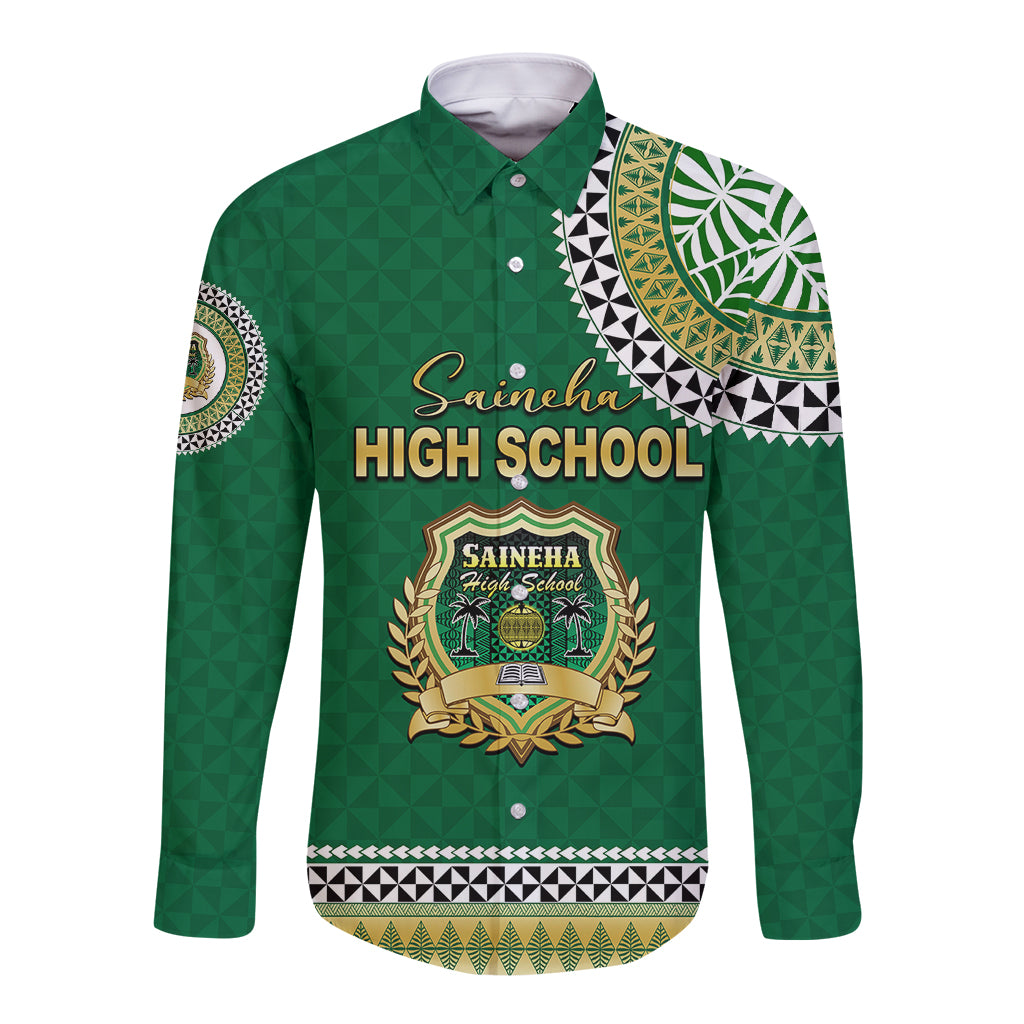 Tonga School Saineha High School Long Sleeve Button Shirt Tribal Pattern LT6 Unisex Green - Polynesian Pride