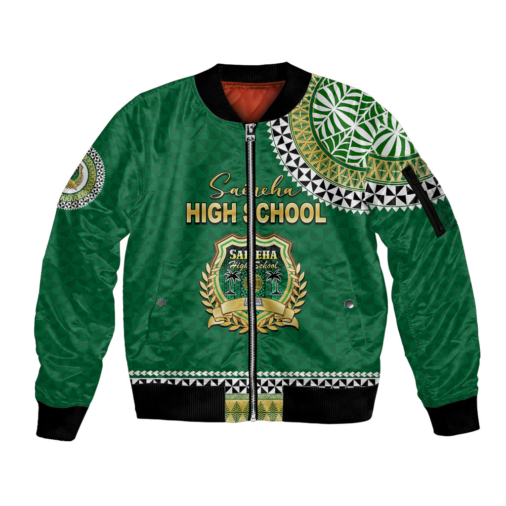 Tonga School Saineha High School Sleeve Zip Bomber Jacket Tribal Pattern LT6 Unisex Green - Polynesian Pride