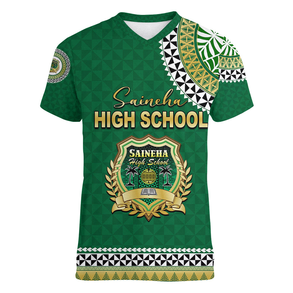 Tonga School Saineha High School Women V Neck T Shirt Tribal Pattern LT6 Female Green - Polynesian Pride