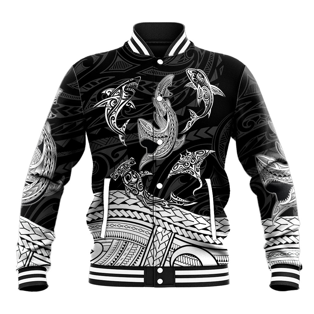 Polynesian Tribal Baseball Jacket with Sharks Tattoo White LT6 Unisex White - Polynesian Pride