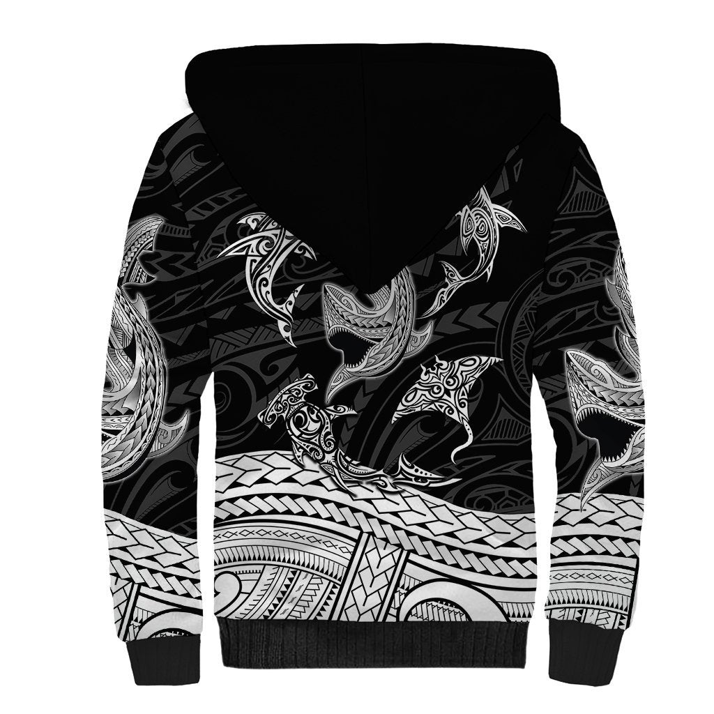 Polynesian Tribal Sherpa Hoodie with Sharks Tattoo White LT6 - Polynesian Pride