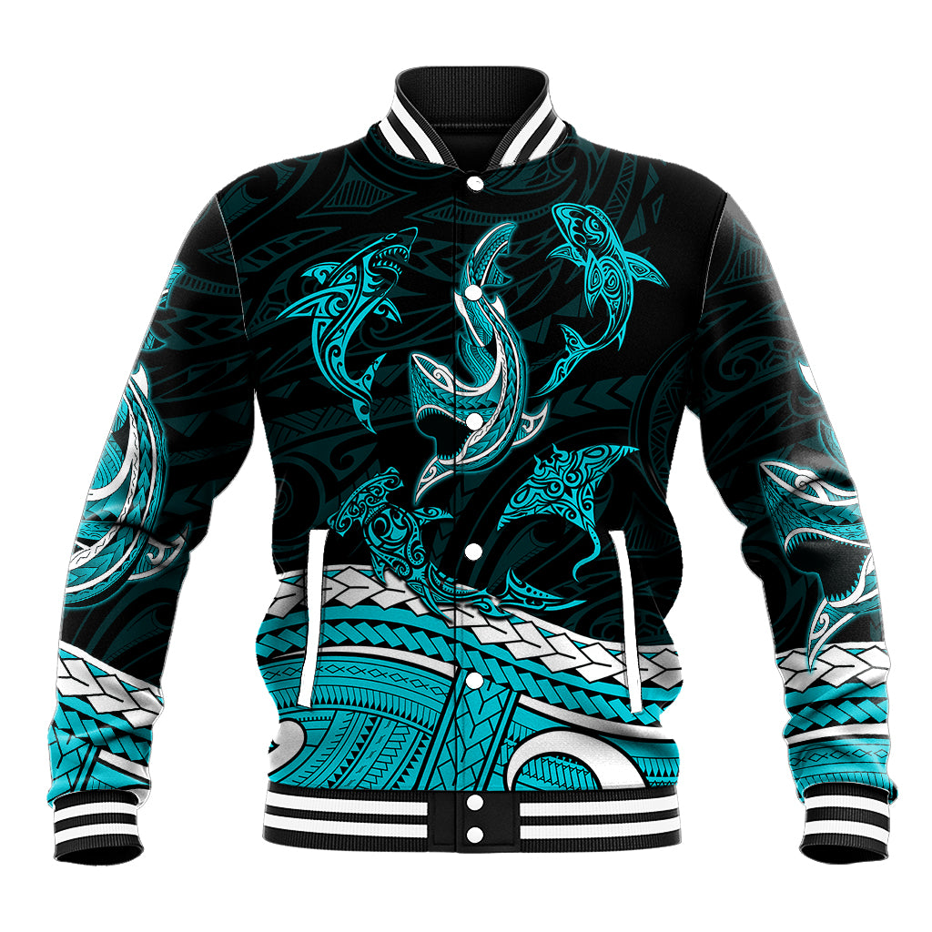 Polynesian Tribal Baseball Jacket with Sharks Tattoo Green LT6 Unisex Green - Polynesian Pride