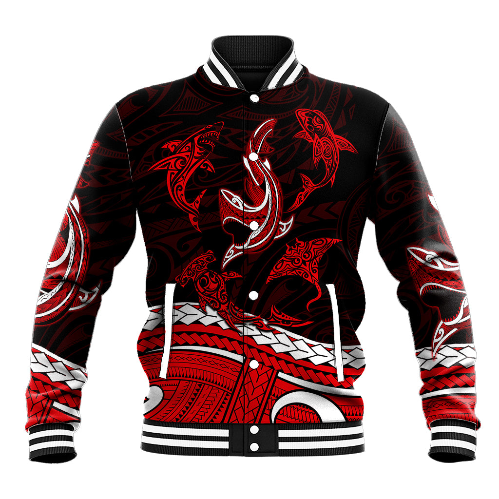 Polynesian Tribal Baseball Jacket with Sharks Tattoo Red LT6 Unisex Red - Polynesian Pride