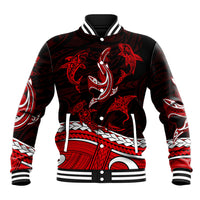 Polynesian Tribal Baseball Jacket with Sharks Tattoo Red LT6 Unisex Red - Polynesian Pride