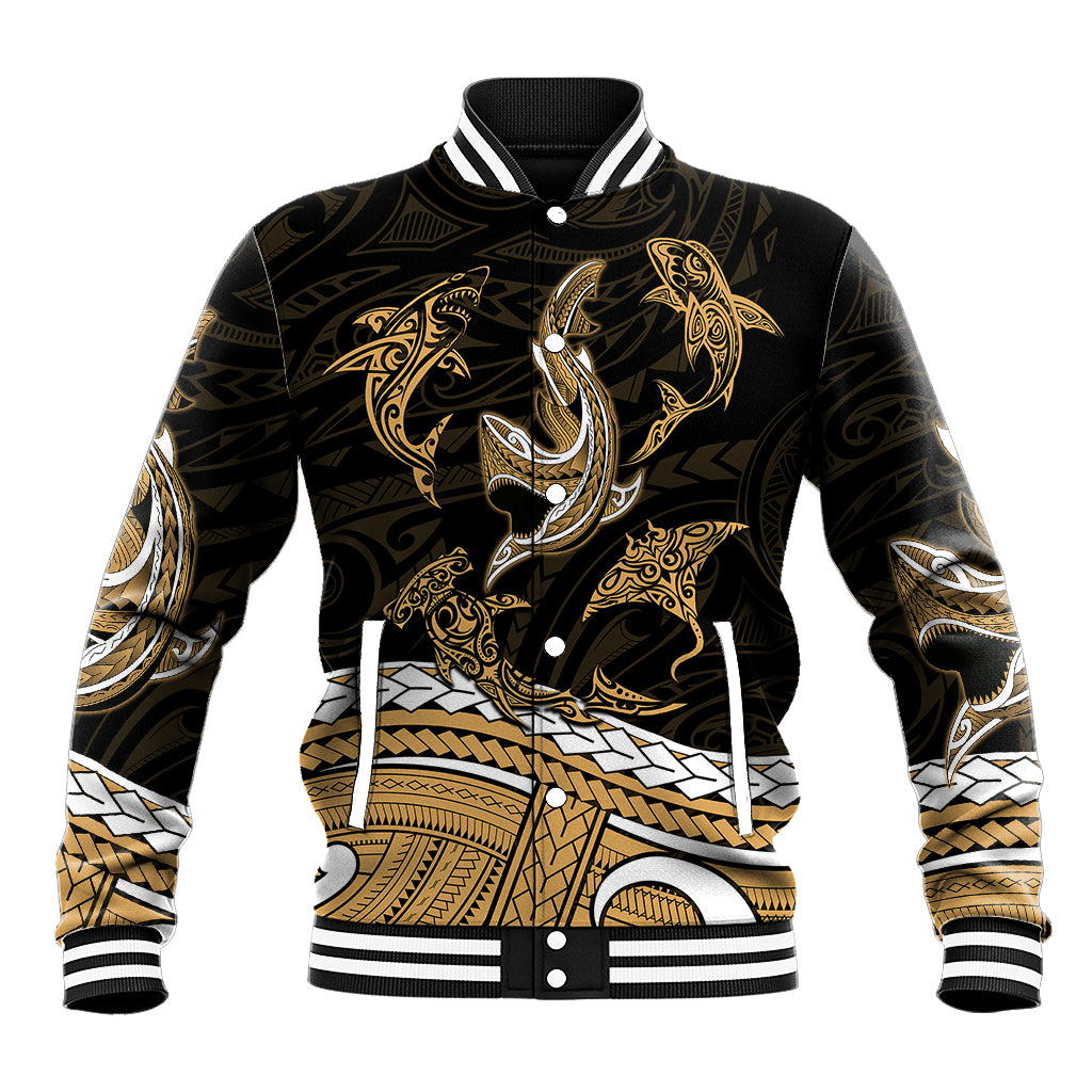 Polynesian Tribal Baseball Jacket with Sharks Tattoo Gold LT6 Unisex Gold - Polynesian Pride