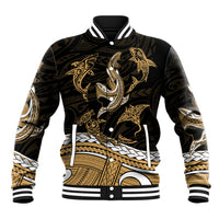 Polynesian Tribal Baseball Jacket with Sharks Tattoo Gold LT6 Unisex Gold - Polynesian Pride