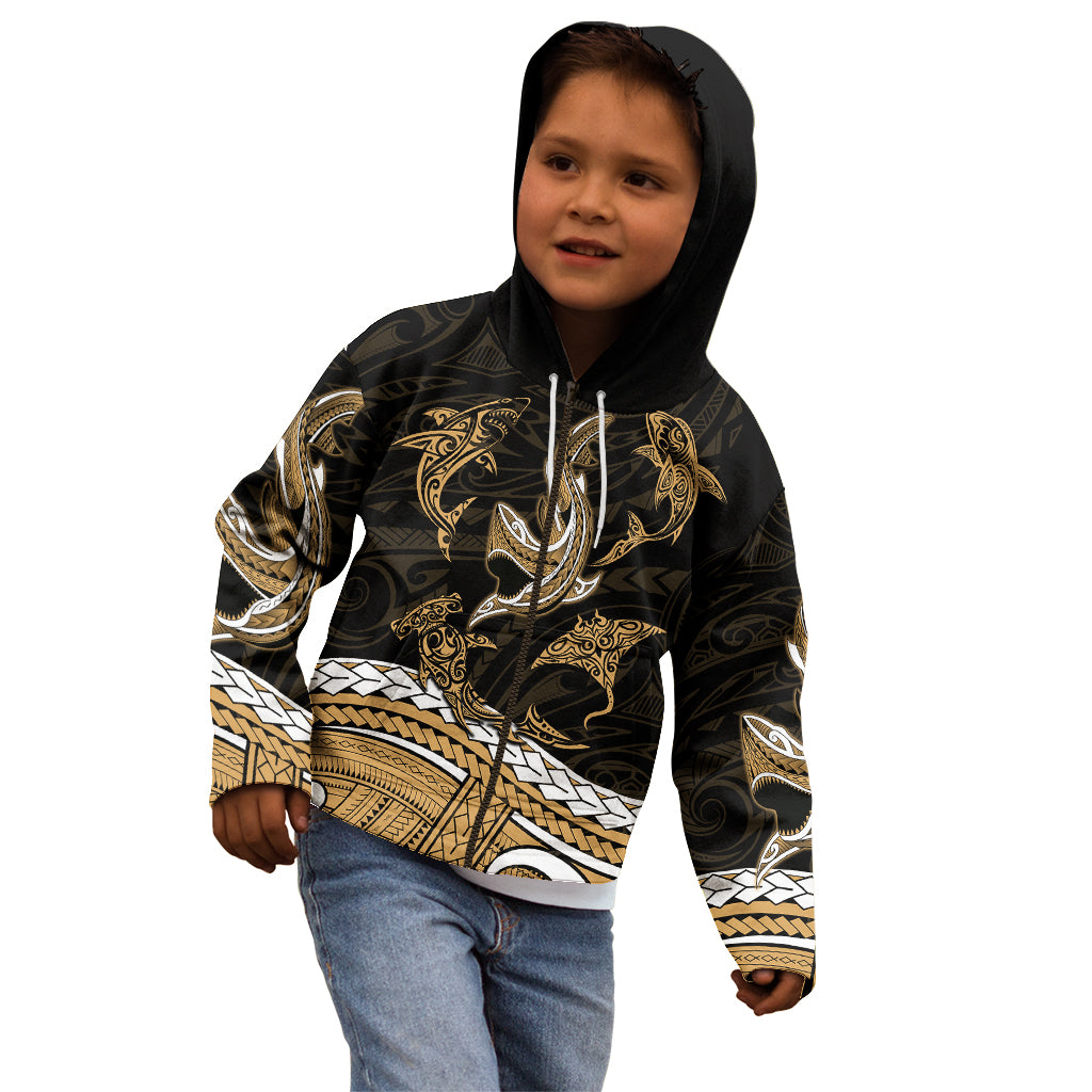 Polynesian Tribal Kid Hoodie with Sharks Tattoo Gold LT6 - Polynesian Pride