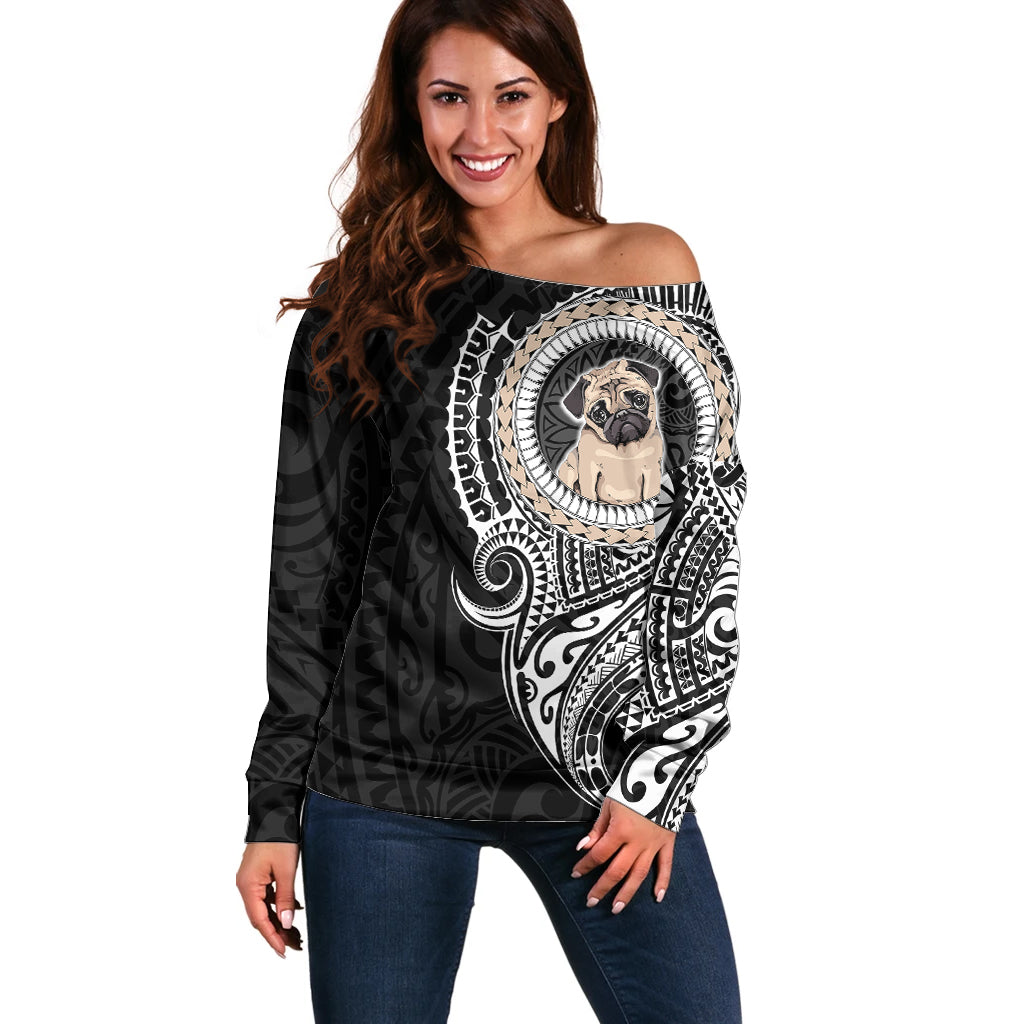 Polynesian Pug Dog Off Shoulder Sweater Dog In My Heart LT6 Women Black - Polynesian Pride