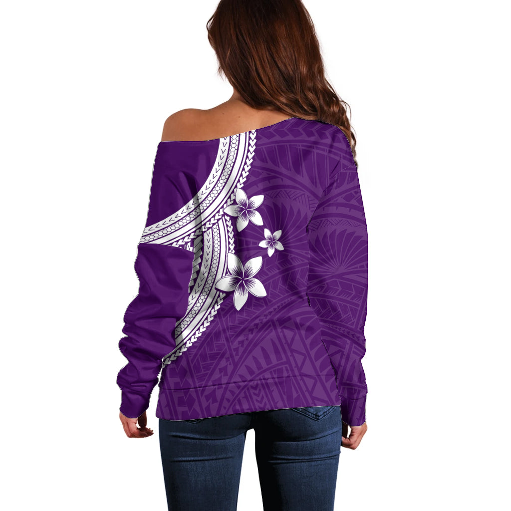 Polynesian Off Shoulder Sweater With Plumeria Flower Purple LT6 - Polynesian Pride