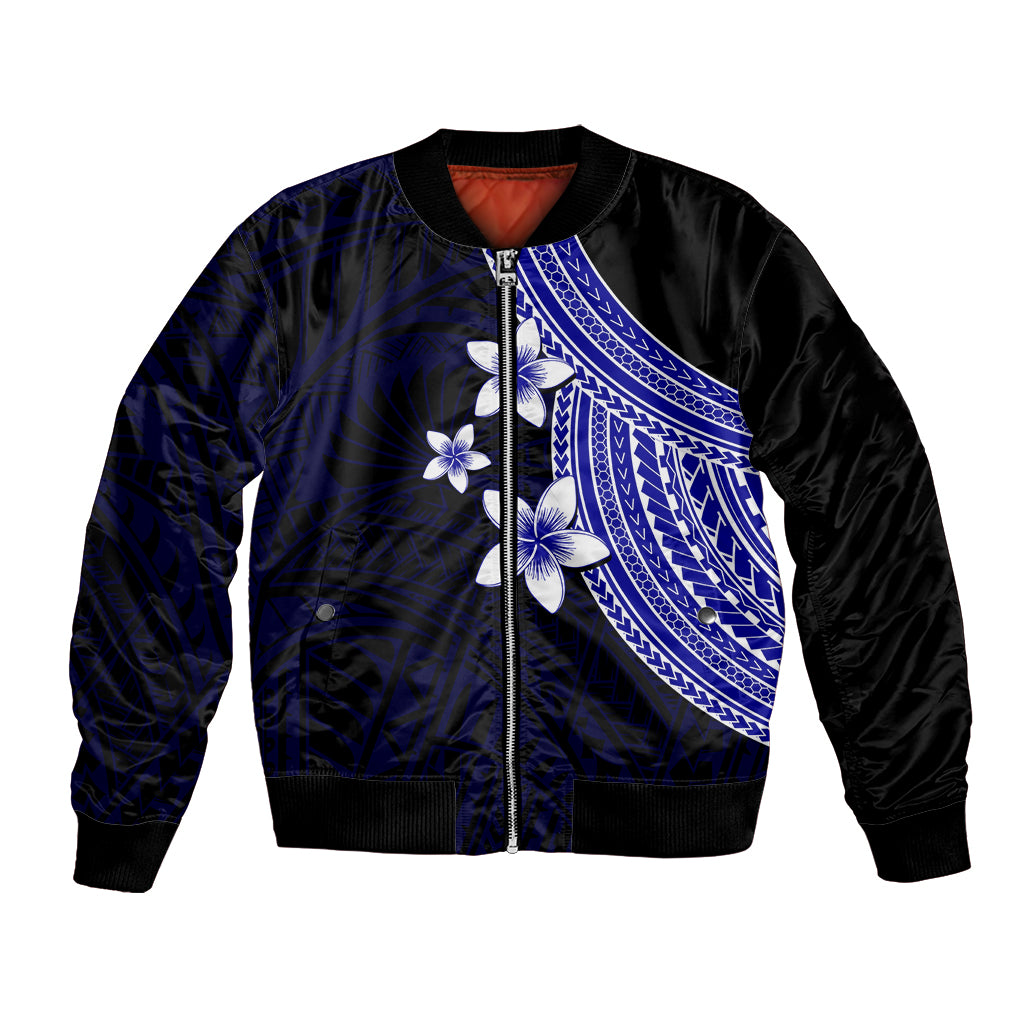 Polynesian Bomber Jacket With Plumeria Flower Blue LT6 Unisex Blue - Polynesian Pride