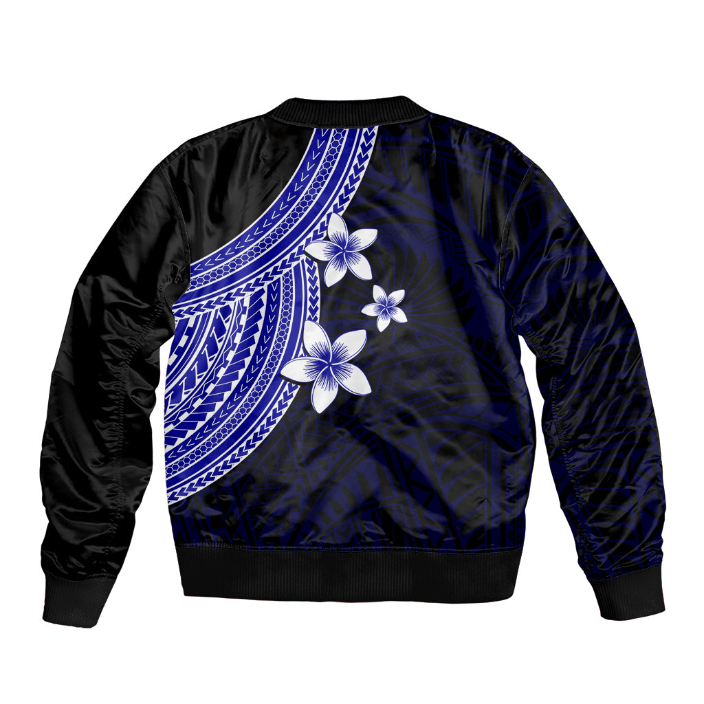 Polynesian Sleeve Zip Bomber Jacket With Plumeria Flower Blue LT6 - Polynesian Pride