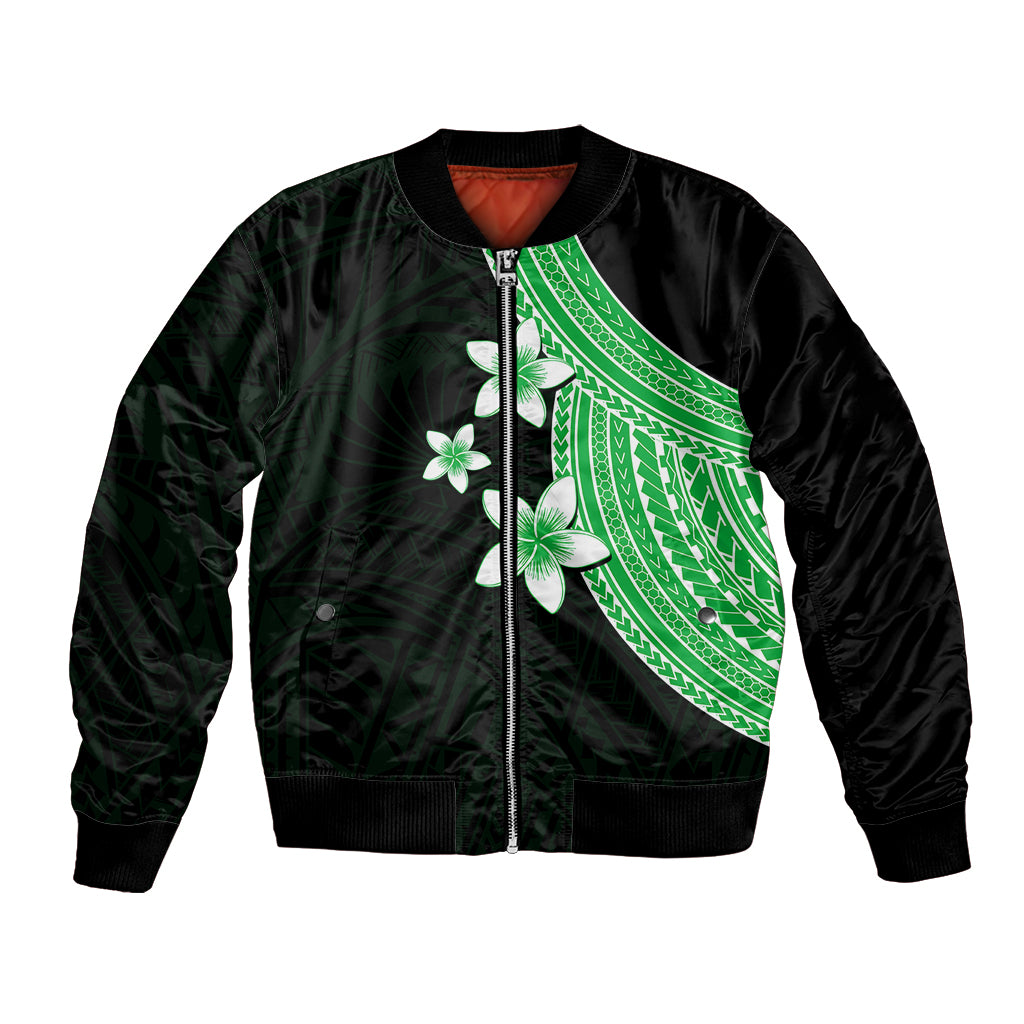 Polynesian Bomber Jacket With Plumeria Flower Green LT6 Unisex Green - Polynesian Pride