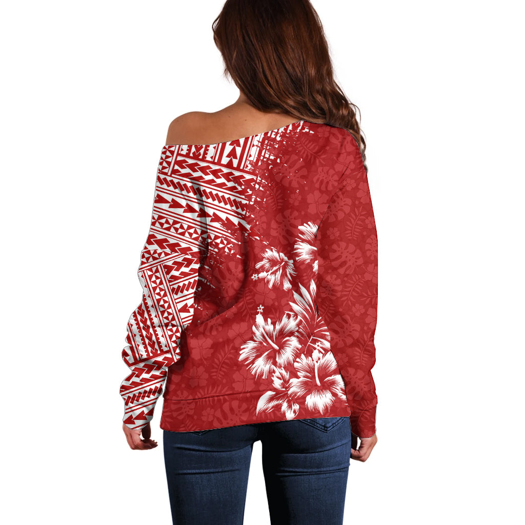 Hawaii Summer Off Shoulder Sweater Mix Polynesian Red LT6 - Polynesian Pride
