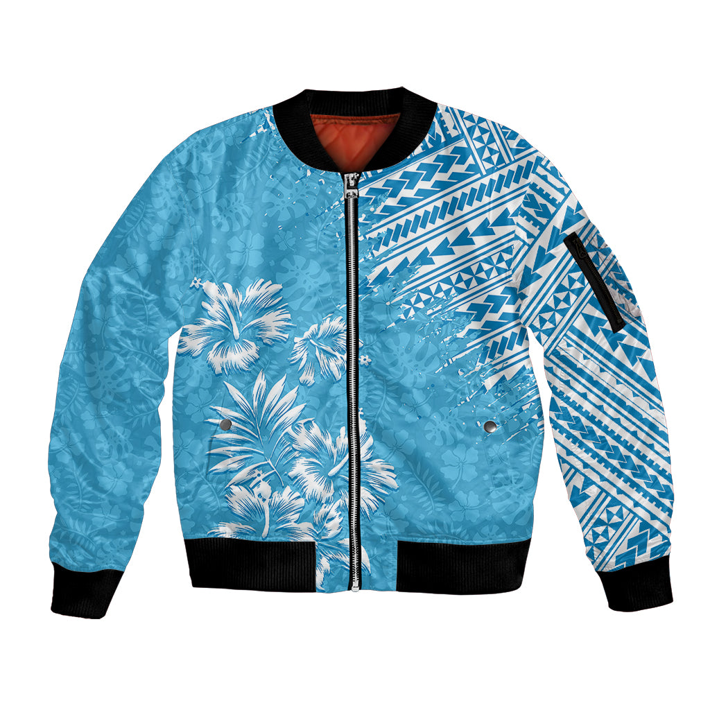 Hawaii Summer Sleeve Zip Bomber Jacket Mix Polynesian Light Blue LT6 Unisex Blue - Polynesian Pride