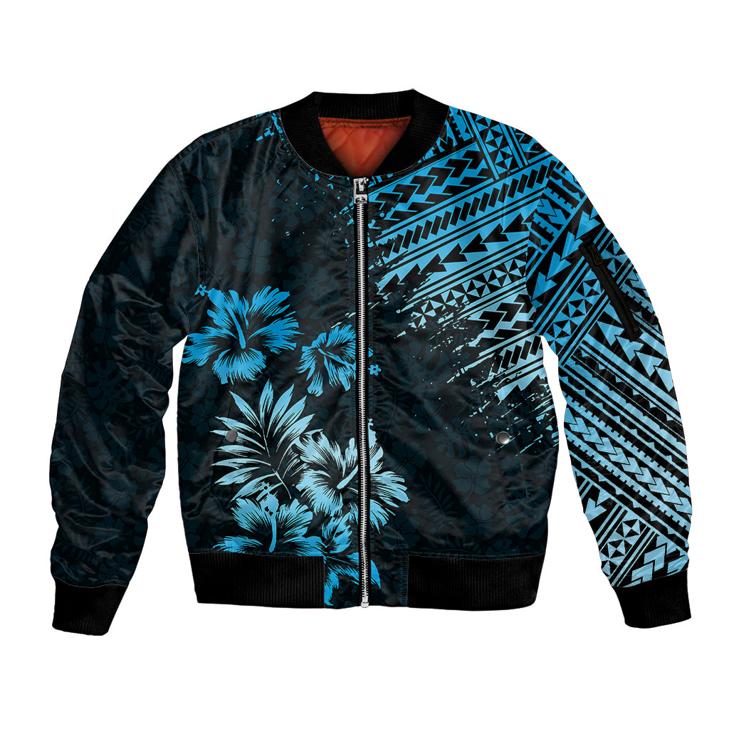 Hawaii Summer Sleeve Zip Bomber Jacket Mix Polynesian Black-Blue LT6 Unisex Blue - Polynesian Pride