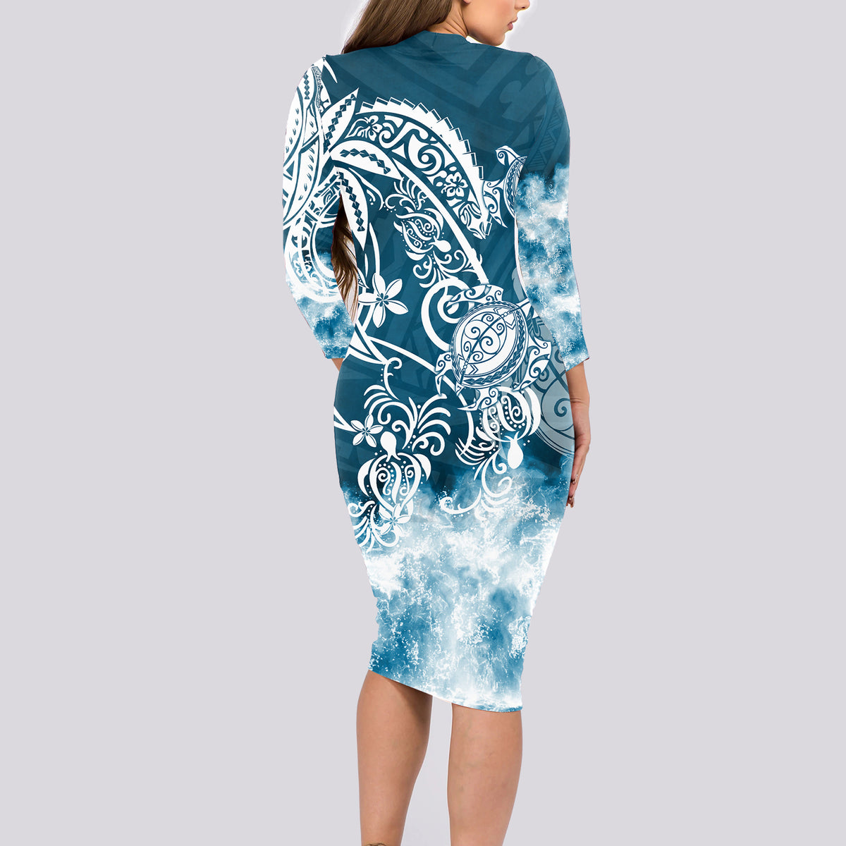 Polynesian Sea Turtle Long Sleeve Bodycon Dress Tribal Blue LT6 - Polynesian Pride