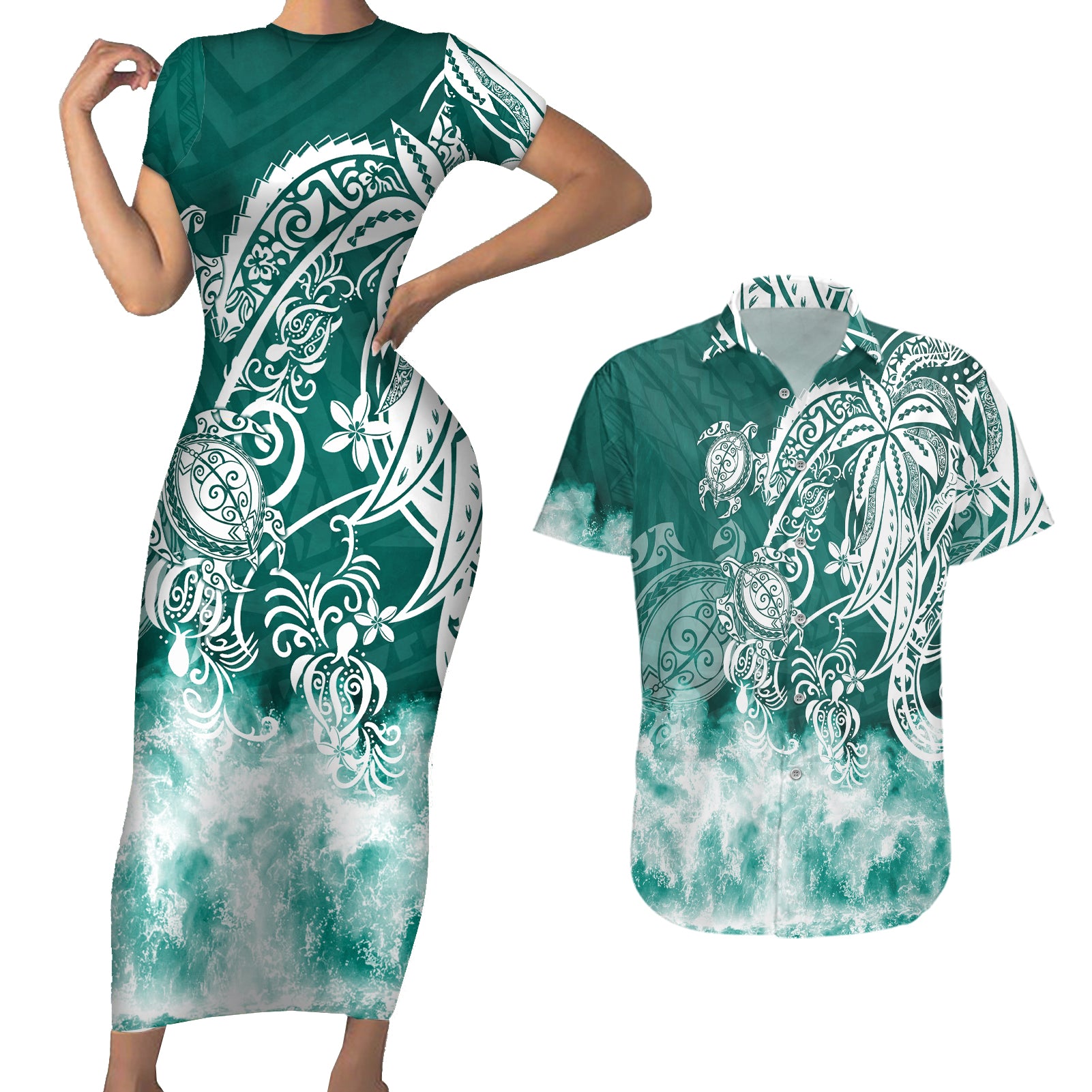 Polynesian Sea Turtle Couples Matching Short Sleeve Bodycon Dress and Hawaiian Shirt Tribal Green LT6 Green - Polynesian Pride