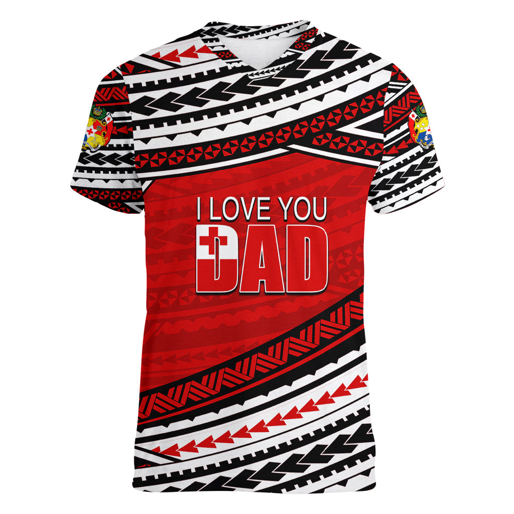 (Custom Personalised) Happy Fathers Day Tonga Women V Neck T Shirt I Love You Dad LT6 Female Red - Polynesian Pride