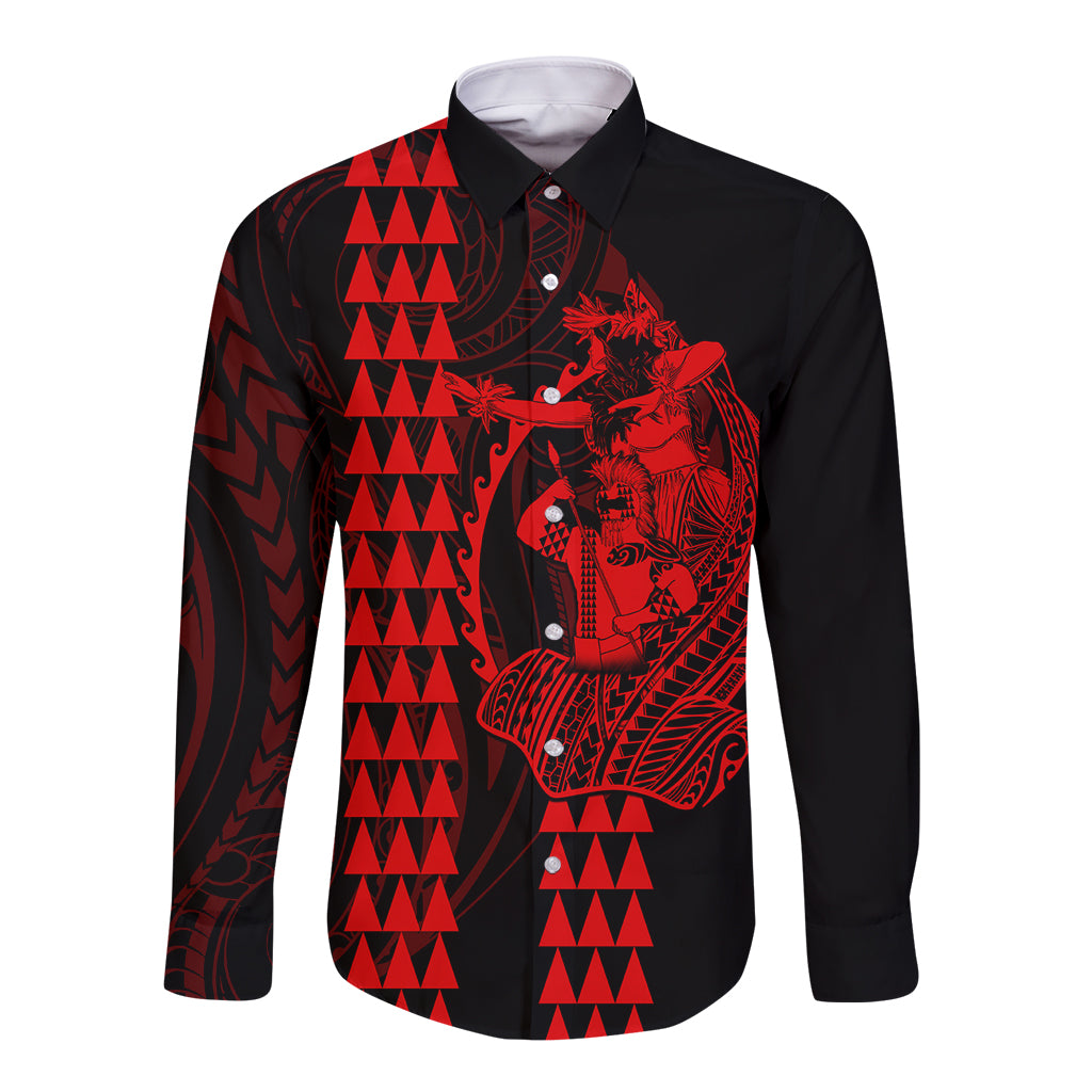 Polynesian Long Sleeve Button Shirt Hawaiian Warrior and Aloha Girl With Hammerhead Shark Tattoos Red LT6 Unisex Red - Polynesian Pride
