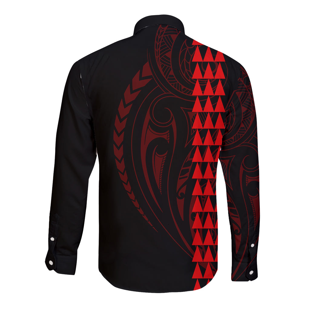 Polynesian Long Sleeve Button Shirt Hawaiian Warrior and Aloha Girl With Hammerhead Shark Tattoos Red LT6 - Polynesian Pride