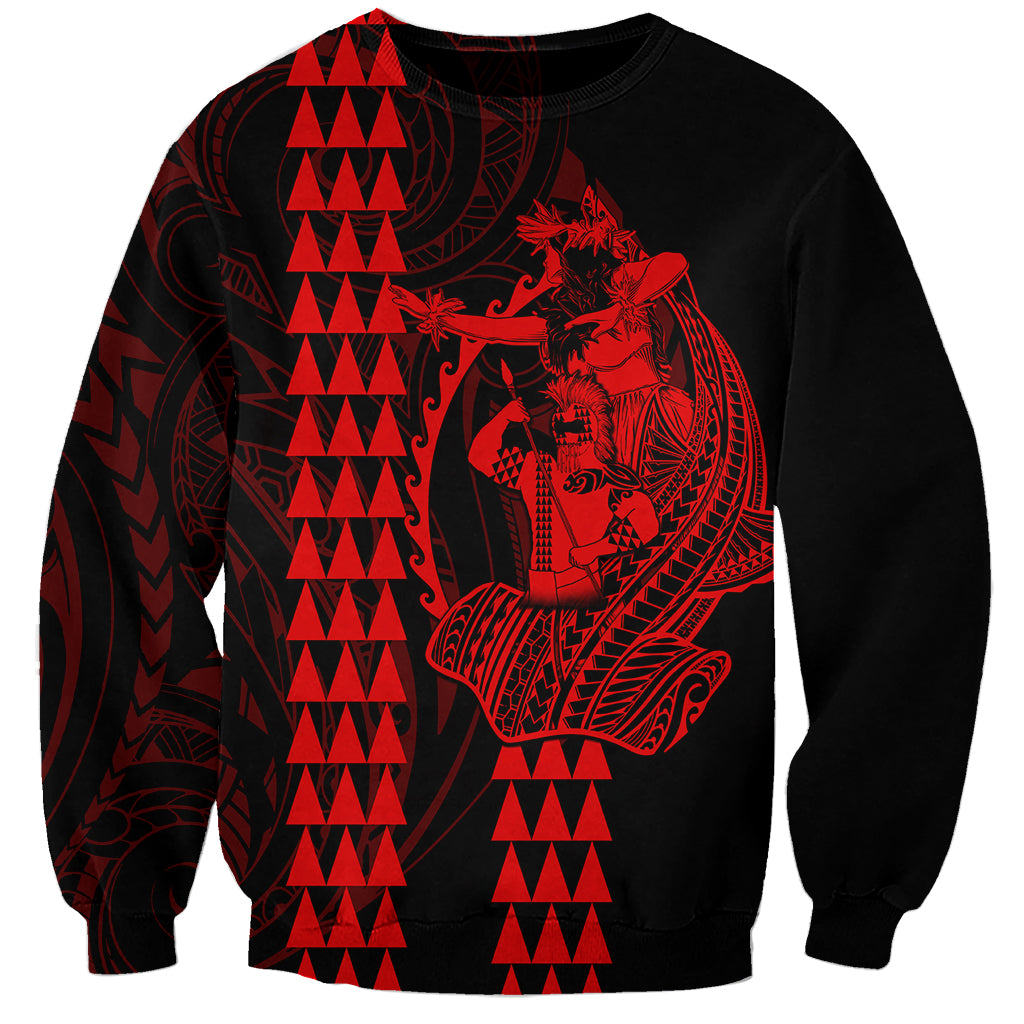 Polynesian Sweatshirt Hawaiian Warrior and Aloha Girl With Hammerhead Shark Tattoos Red LT6 Unisex Red - Polynesian Pride