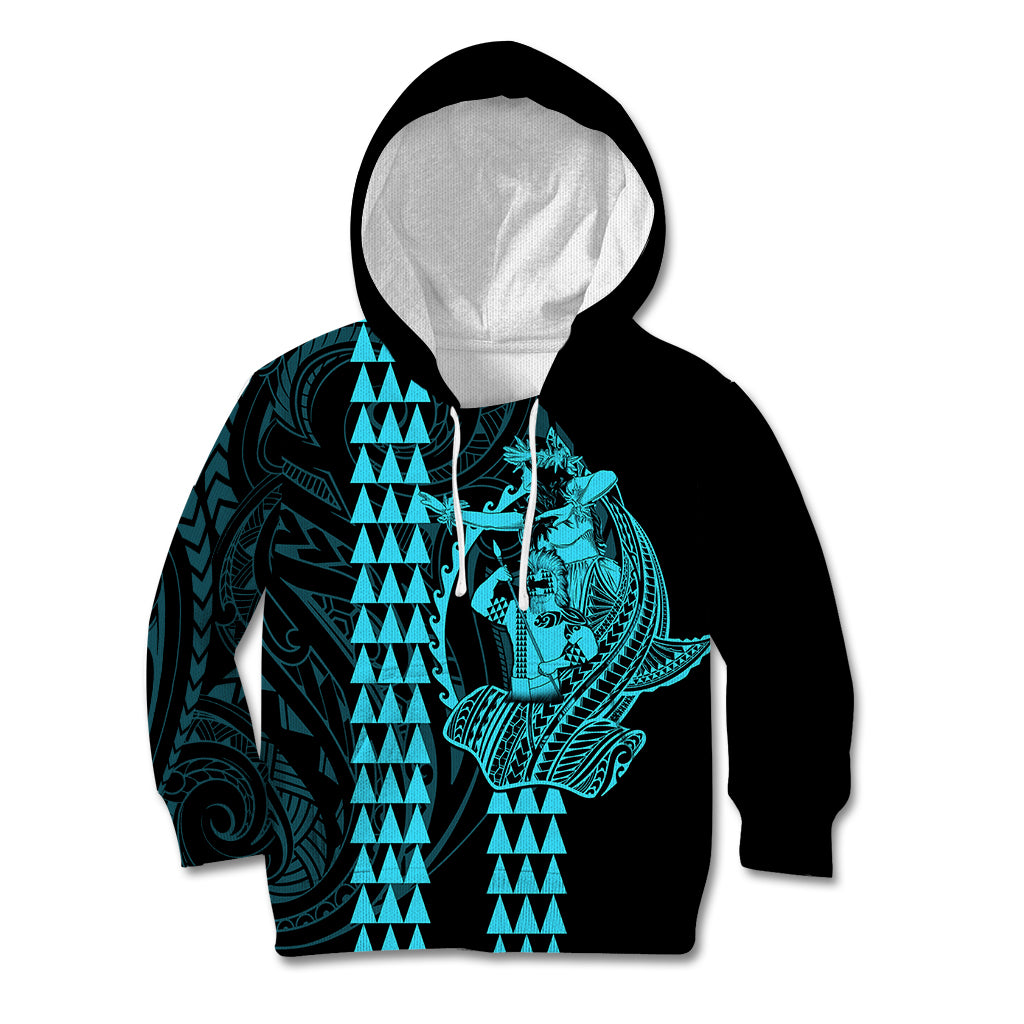 Polynesian Kid Hoodie Hawaiian Warrior and Aloha Girl With Hammerhead Shark Tattoos Light Blue LT6 Hoodie Blue - Polynesian Pride