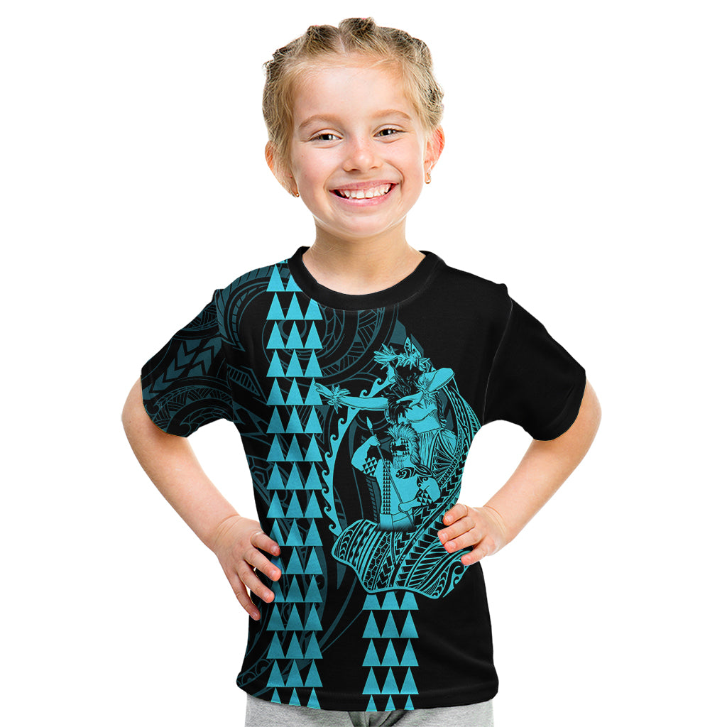Polynesian Kid T Shirt Hawaiian Warrior and Aloha Girl With Hammerhead Shark Tattoos Light Blue LT6 Blue - Polynesian Pride