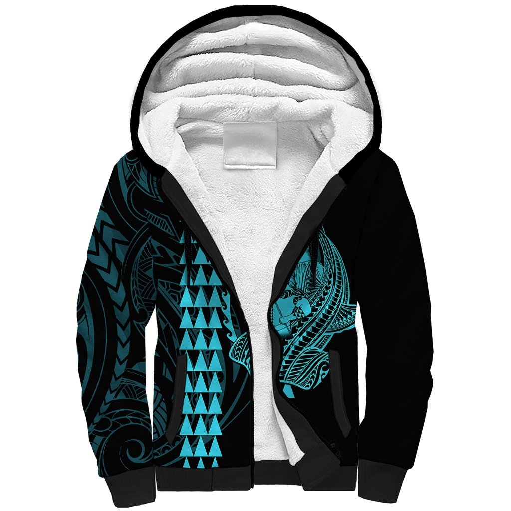 Polynesian Sherpa Hoodie Hawaiian Warrior and Aloha Girl With Hammerhead Shark Tattoos Light Blue LT6 Unisex Blue - Polynesian Pride