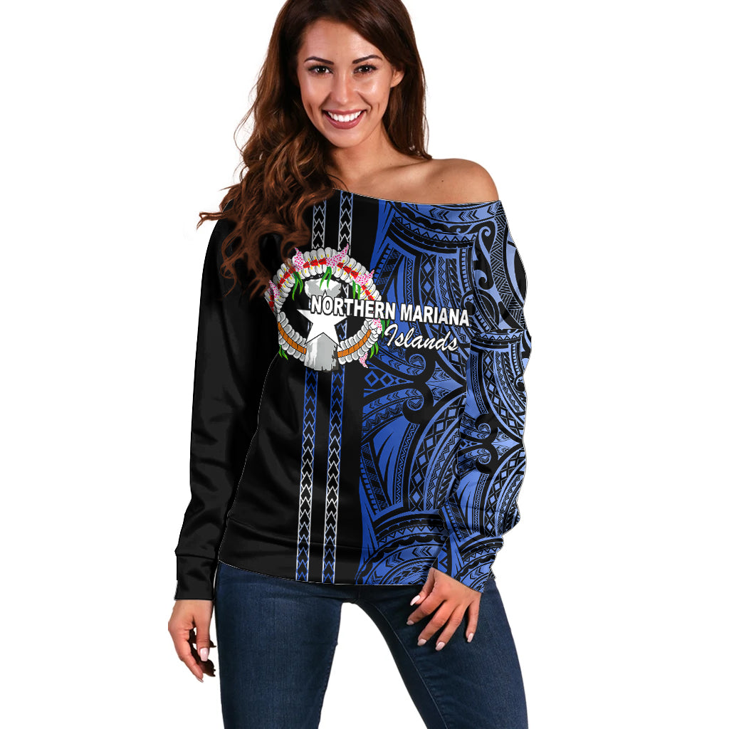 Custom Northern Mariana Islands Off Shoulder Sweater Polynesian Tribal LT6 Women Blue - Polynesian Pride