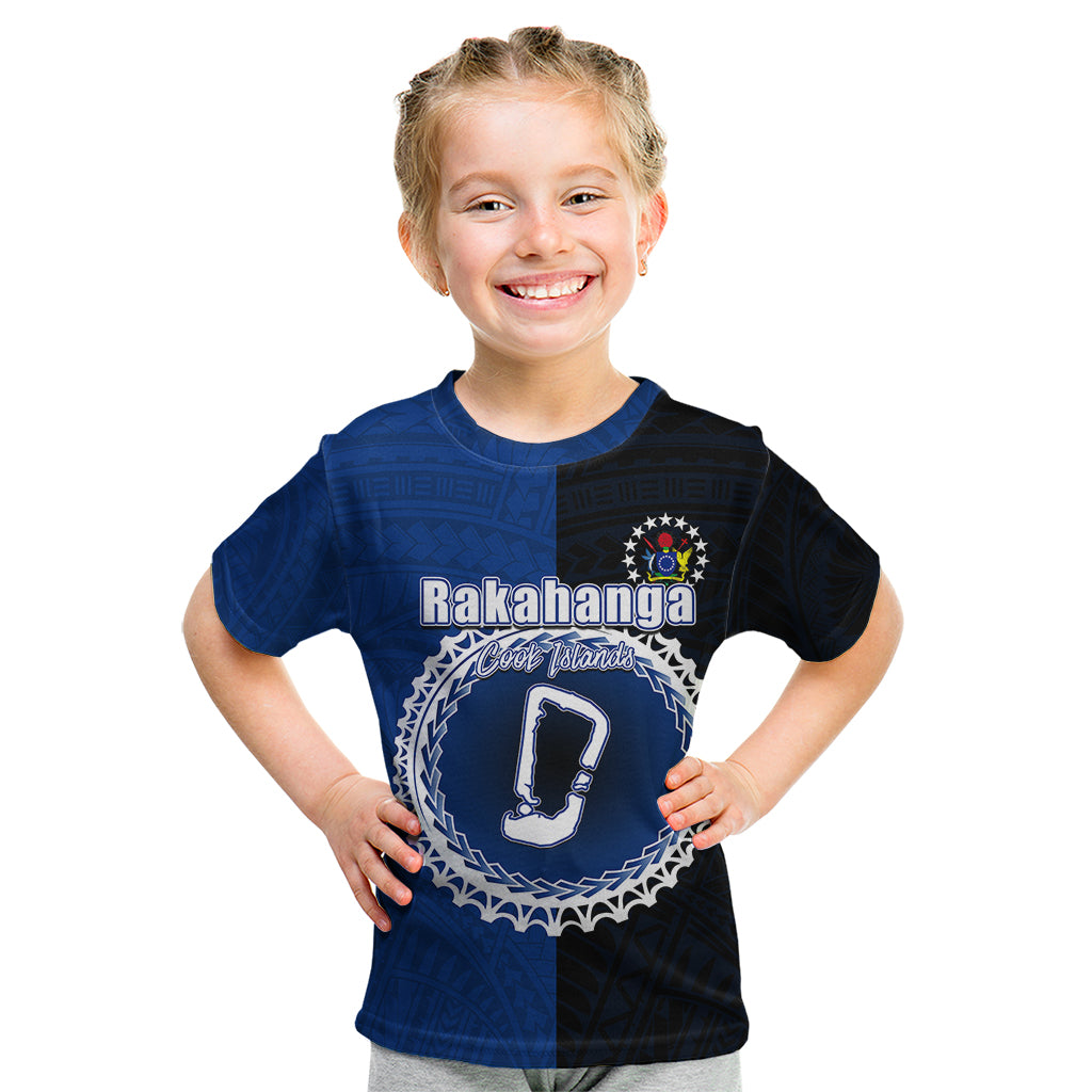 Custom Rakahanga Of Cook Islands Kid T Shirt Mix Half Black LT6 Blue - Polynesian Pride