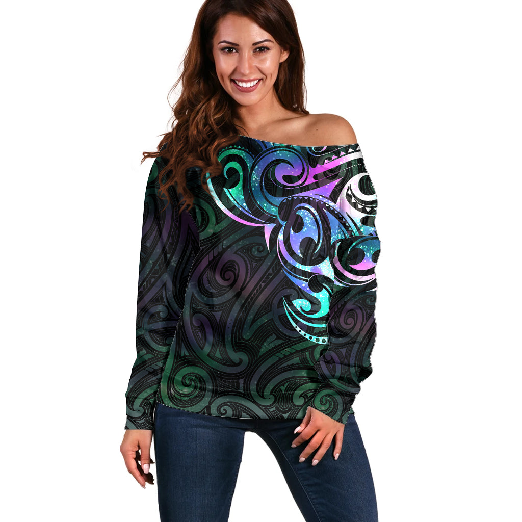 Matariki New Zealand Off Shoulder Sweater Maori New Year Galaxy Sky Green LT6 Women Green - Polynesian Pride