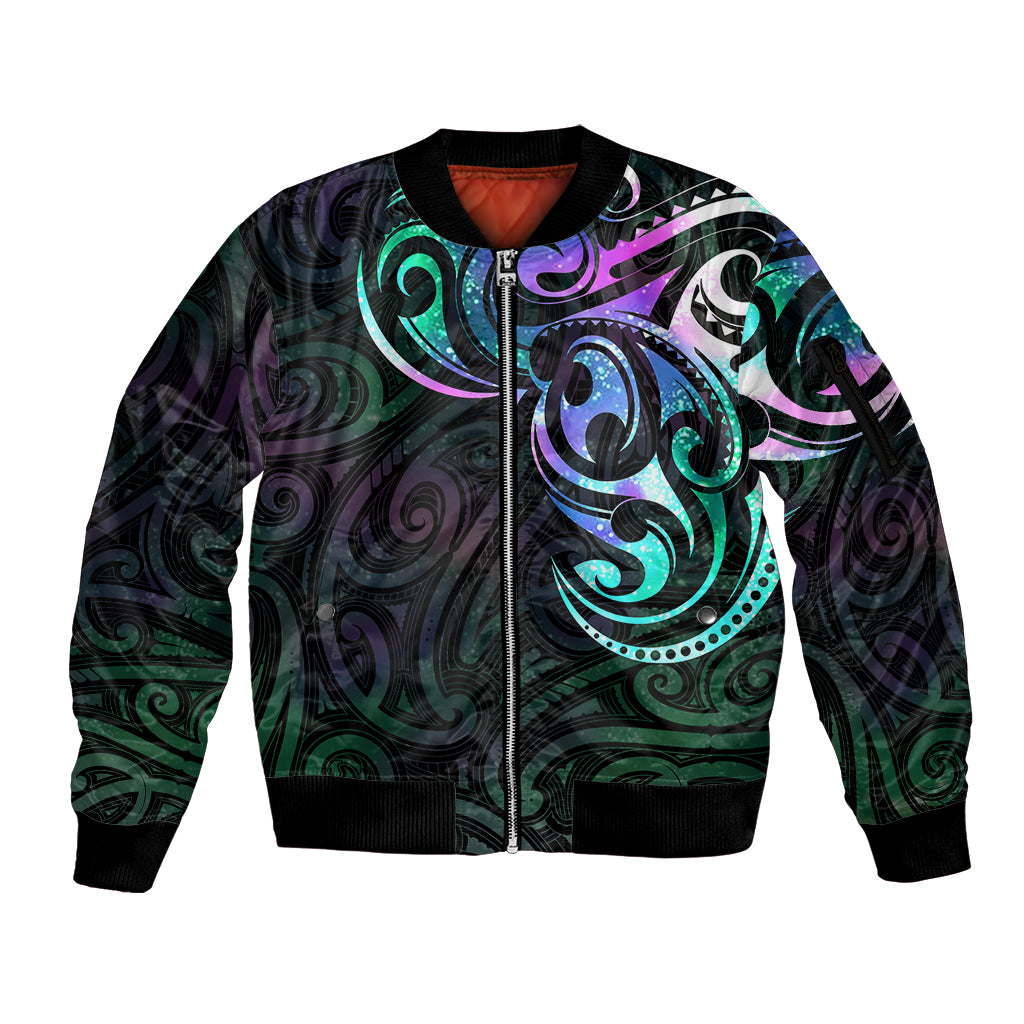 Matariki New Zealand Sleeve Zip Bomber Jacket Maori New Year Galaxy Sky Green LT6 Unisex Green - Polynesian Pride