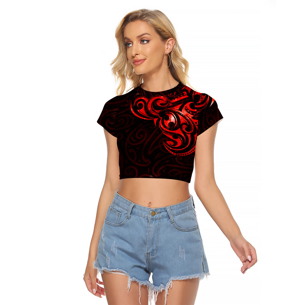 New Zealand Raglan Cropped T Shirt Maori Matariki Galaxy Sky Red LT6 Female Red - Polynesian Pride