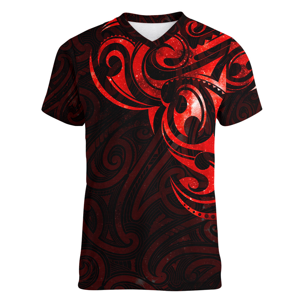 New Zealand Women V Neck T Shirt Maori Matariki Galaxy Sky Red LT6 Female Red - Polynesian Pride