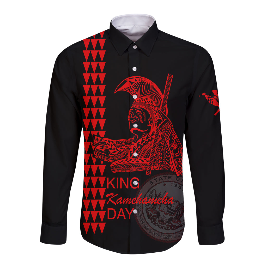 Custom Hawaii Long Sleeve Button Shirt King Kamehameha Day - Red LT6 Unisex Red - Polynesian Pride