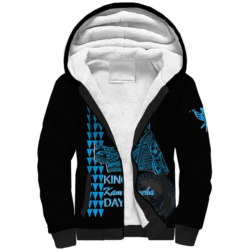 Custom Hawaii Sherpa Hoodie King Kamehameha Day - Blue LT6 Unisex Blue - Polynesian Pride