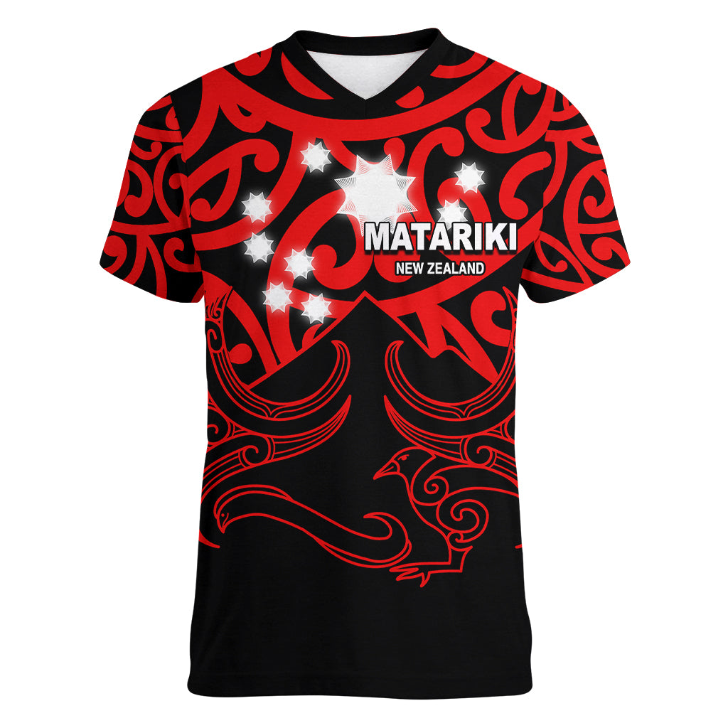 Matariki New Zealand Women V Neck T Shirt Maori New Year Red LT6 Female Red - Polynesian Pride