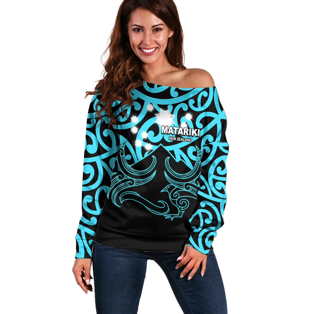 Matariki New Zealand Off Shoulder Sweater Maori New Year Light Blue LT6 Women Blue - Polynesian Pride