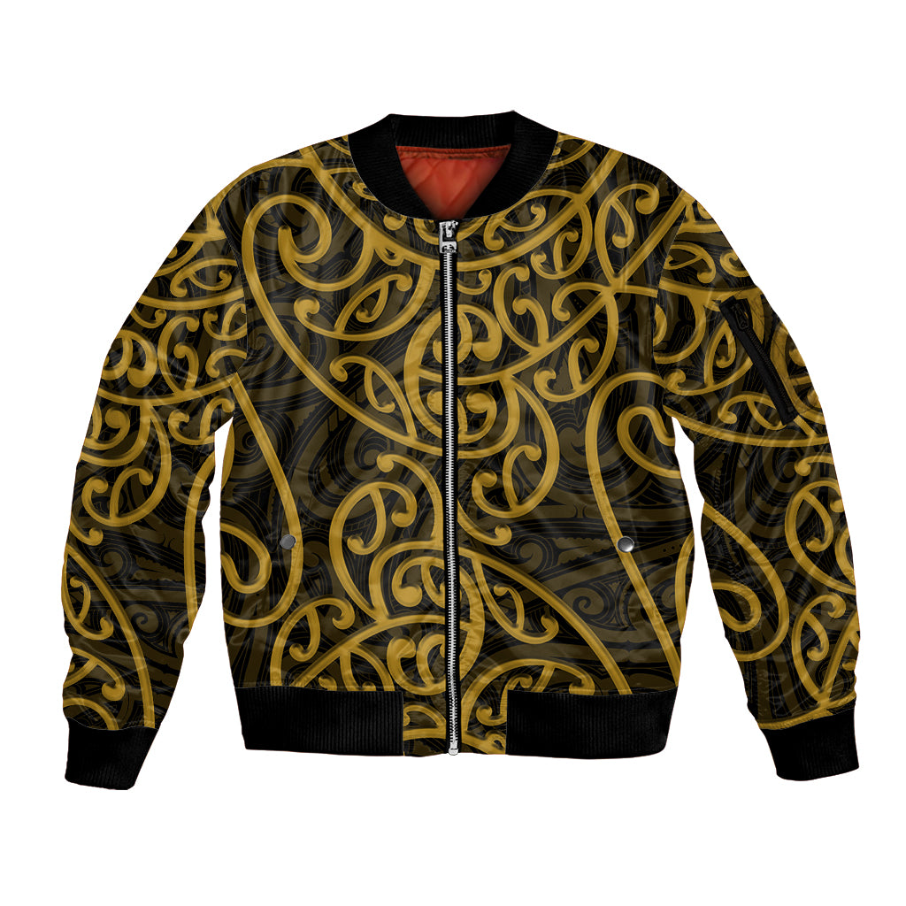 New Zealand Sleeve Zip Bomber Jacket Maori Pattern Gold LT6 Unisex Gold - Polynesian Pride